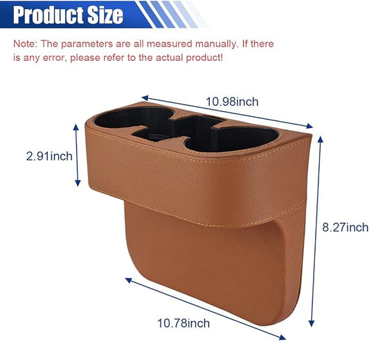 KITUREK Car Cup Holder, PU Leather Cover Auto Front Seat Organizer, Brown | Multifunctional Cup Drink Holder, Gap Filler Coin Bucket Storage Box, Console Side Pocket, Cell Mobile Phone Holder
