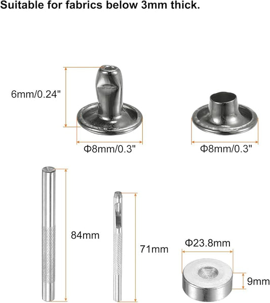 HARFINGTON 100 Sets Leather Rivets 6 x 8mm Metal with 3 Setter Tools Gunmetal