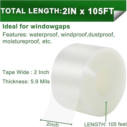 Qoqooice Transparent Window Weather Sealing Tape 2 Inch x 35 Yards Weather Stripping Residue Free Clear Window Draft Isolation Sealing Film Tape for Doors Windows and Shower Glass Gaps