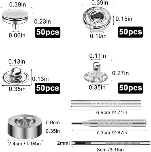 TLKKUE 50 Sets Leather Snap Fasteners Kit 10mm Silver Metal Snap Buttons kit Stainless Steel with 4pcs Snap Fastener Installation Tools for Sewing Clothing, Bracelets, Jackets, Bags Belt, DIY Crafts