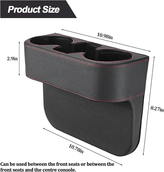 Car Gap Filler Organizer, Multifunctional Leather Console Side Crevice Blocker Storage Box with Cup Holder, Auto Seat Gap Stopper Organizer for Keys, Phones, Glasses, Universal Fit (Black)