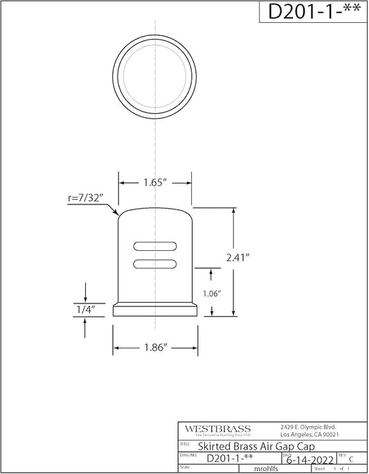 Westbrass D201-1-10-01 1-3/4" x 2-3/4" Solid Air Gap Cap Only, Skirted, Polished Brass, 10 Count