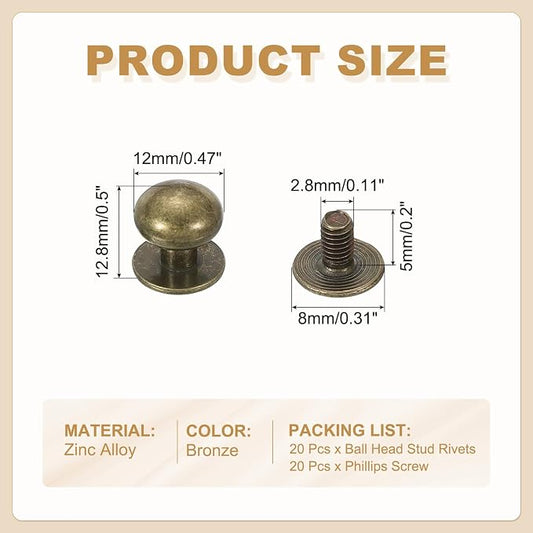 PATIKIL 12 mm Leather Rivets, 20 Sets Ball Head Stud Screw Back Round Head Button Chicago Screw Nipple Stud Rivet for Leather DIY Craft Handbag Belt Repairs, Bronze
