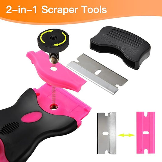 Razor Blade Scraper Tool Kit, Pink Razor Scrapers Tool & 20Pcs Extra Blades, Plastic Paint Scraper Tool, Razor Scraper Tool for Glass Top Stove, Scrappers for Cleaning Window,Decals,Stickers,Adhesive