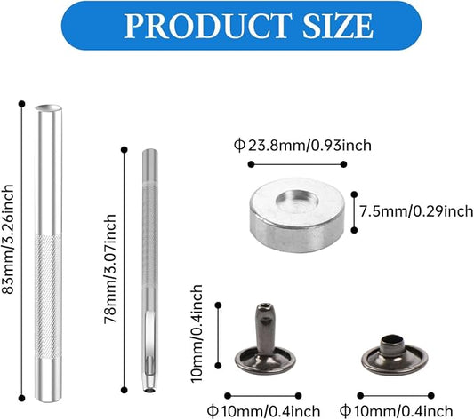 100 Sets Leather Rivets 10x10mm Double Cap Rivets Snaps Metal Studs Fasteners with 3pcs Setting Tools for Leather Craft DIY Repair Decoration, Gunmetal
