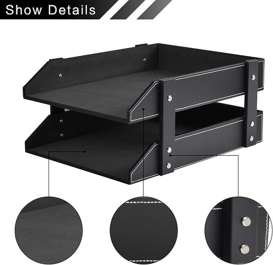 Leather Desk Organizer,2-Tier Stackable Letter Tray Holder,Office Supplies Desktop Storage Box for Document,Stationery,Magazines,Newspapers,Letters and Other Home Office Paper Sundries,Black