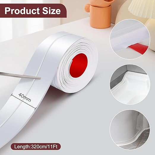 White Caulk Tape 2 Rolls Waterproof Self-Adhesive Tub & Wall Sealing Strip PVC Caulk for Bath & Kitchen Shower Corners, Sink Edges, Toilet Base