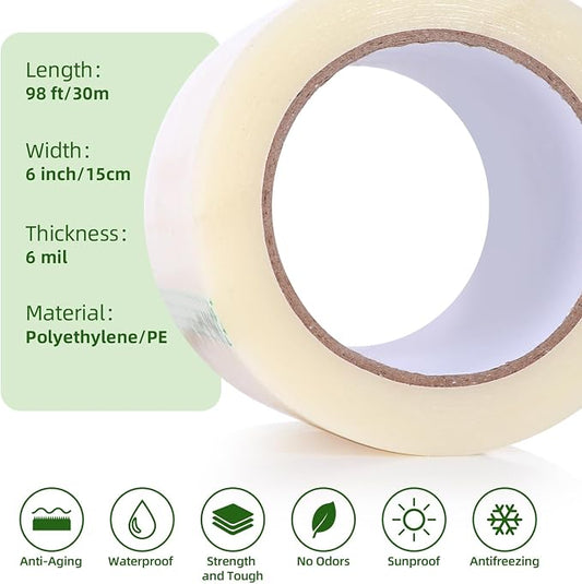 Ohuhu Greenhouse Repair Tape 6" x 98' - 6.3 mil Reinforced Clear Plastic Film for Green House Sheeting, Polyethylene PE Cover Repair