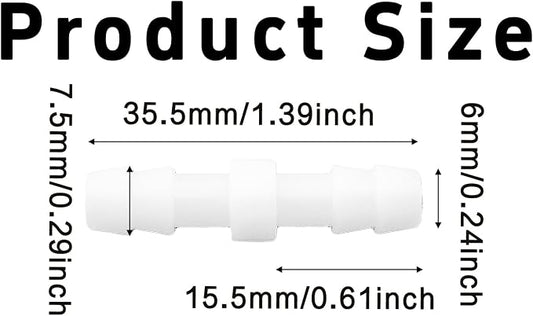 6Pcs 1/4" x 1/4" Plastic Hose Barb Fittings, Barbed Splicer Mender Joint Adapter Union Connectors for Aquarium, Household, Fuel, Gas, Liquid, Air Hose Repair