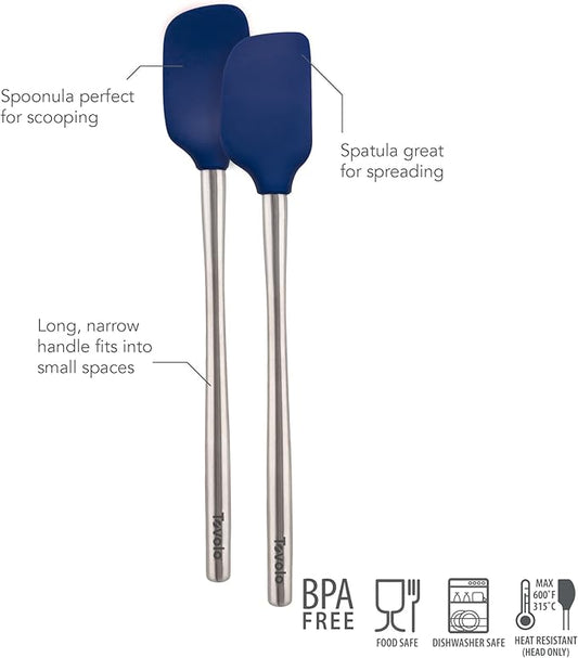 Tovolo Flex Core Silicone Spatula Spoonula Set of 2 for Non Stick Cast Iron Cooking & Baking, Dishwasher Safe Heat Resistant BPA Free Kitchen Utensil with Stainless Steel Handle, Deep Indigo