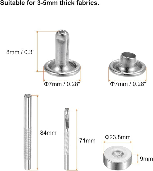 HARFINGTON 100 Sets Leather Rivets 8 x 7mm Metal Double Cap Rivet Snaps Studs Fasteners with 3pcs Setting Tools Rivets for Leather Craft DIY Repair Decoration, Silver Tone