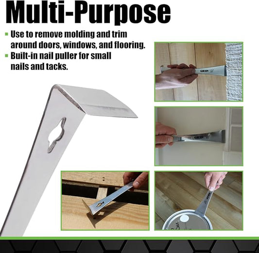 GRIP 9" Stainless Steel Pry Bar & Nail Puller - Pulling, Prying, Scraping - Removes Molding Around Doors, Flooring, Windows - Home, Garage, Workshop