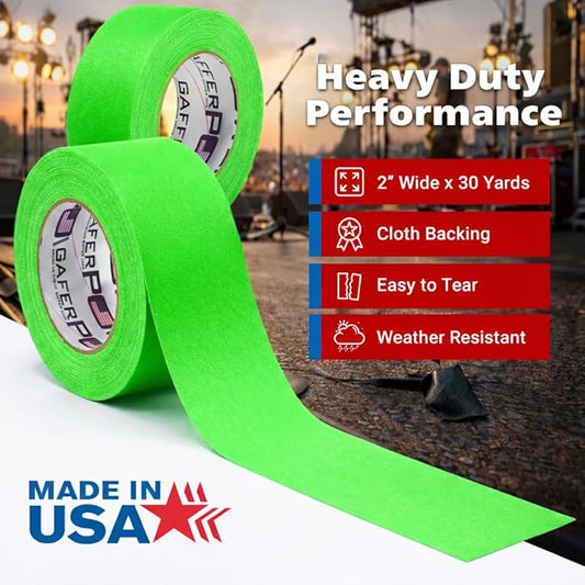 Gaffer Power Proudly Made in The USA, Real Professional Grade Gaffer Tape, Heavy Duty Gaffers Tape, Non-Reflective, Multipurpose. 2 Inches x 30 Yards, Fluorescent Green