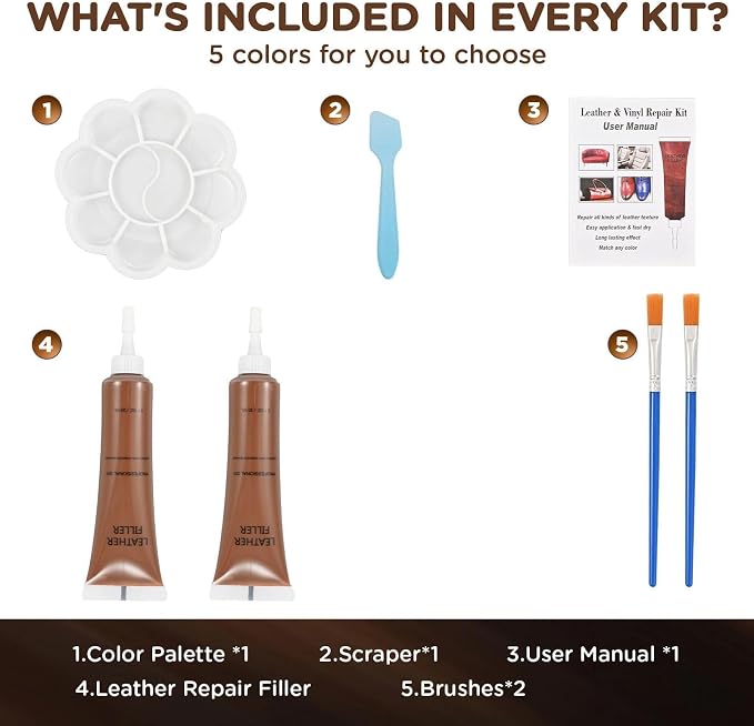 Leather Repair Kit for Furniture, Car Interiors,Car Seat,Brown Leather & Vinyl Repair Kit for Couches,Shoes,Real & Artificial Leathers, PU, Fix Scratch, Tears, Peeling, Burn Hole, Fade