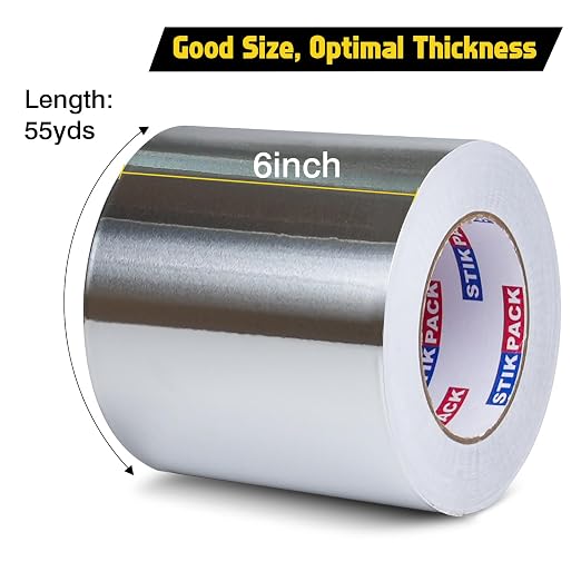 Aluminum Foil Tape 6 inch x 165ft (55 Yards) Heavy Duty HVAC Duct Tape for Ductwork – High Temperature Silver Foil Tape for Insulation, Metal Repair, Exhaust Sealing & Patching