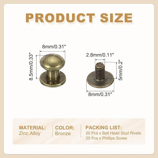 PATIKIL 8 mm Leather Rivets, 20 Sets Ball Head Stud Screw Back Round Head Button Chicago Screw Nipple Stud Rivet for Leather DIY Craft Handbag Belt Repairs, Bronze