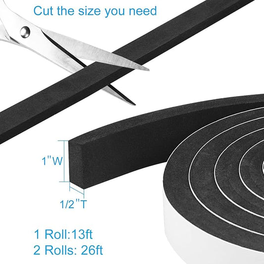 Seal Foam Tape, 2 Rolls 1 Inch W x 1/2 Inch T Weather Stripping for Door and Window,High Density Single Sided Closed Cell Door Insulation Weather Strip, 2 Rolls Total 13FT Black