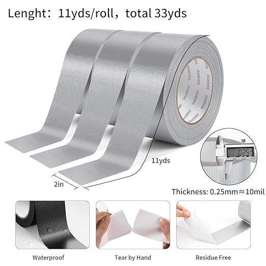 Duct Tape Heavy Duty Waterproof, Strong Adhesive Silver Duct Tape Bulk for Indoor Outdoor Repairs, DIY Work, Tear by Hand (Silver 3 Pack, 2 Inch x 66 Yards Total)