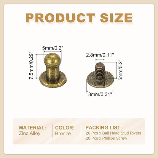 PATIKIL 5 mm Leather Rivets, 20 Sets Ball Head Stud Screw Back Round Head Button Chicago Screw Nipple Stud Rivet for Leather DIY Craft Handbag Belt Repairs, Bronze