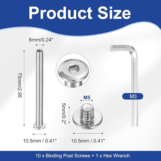 PATIKIL M5x5mm Hex Chicago Screws 6x75mm, 5Pcs 304 Stainless Steel Metric Hex Drive Socket Cap Binding Post Screw Posts for Scrapbook Leather Belt Album Furniture Repair, Silver