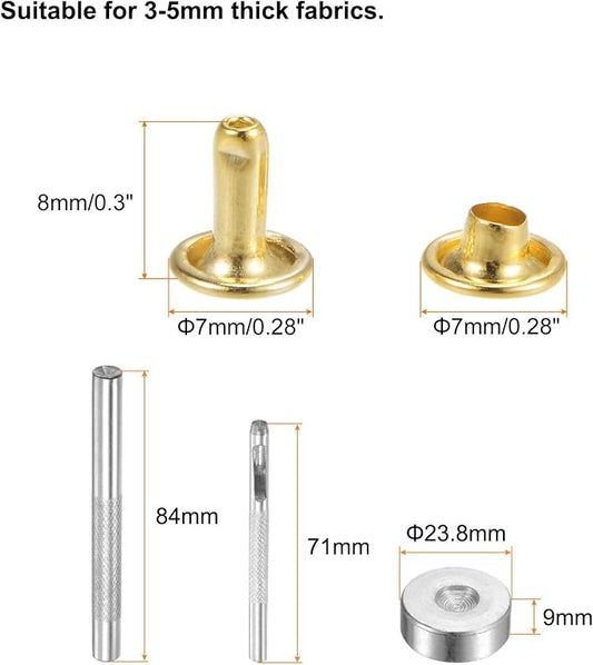 HARFINGTON 100 Sets Leather Rivets 8 x 7mm Metal Double Cap Rivet Snaps Studs Fasteners with 3pcs Setting Tools Rivets for Leather Craft DIY Repair Decoration, Gold Tone