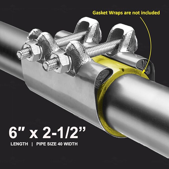 HIGHCRAFT 60250TTSD-5, Single Pipe Repair Clamp 2-1/2'', Double Bolt, 6” Long, Stainless Steel (5 Pack), Chrome