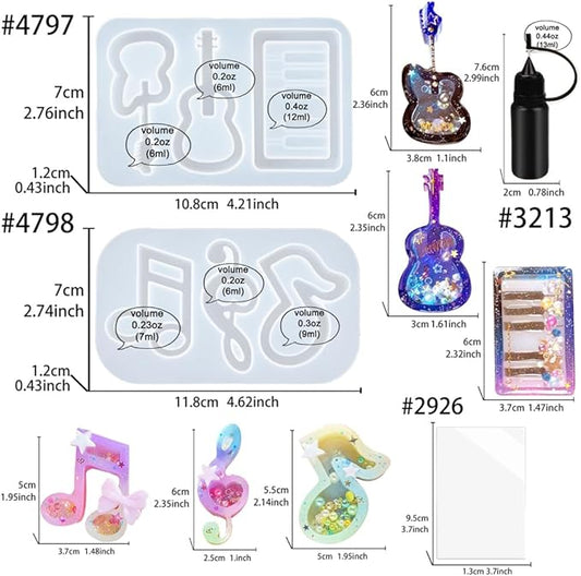 Resin Shaker Molds Set Music Keychain Charm Pack of 8 Silicone Trays Seal Films Precision Tip Applicator Bottle Kits Bundle