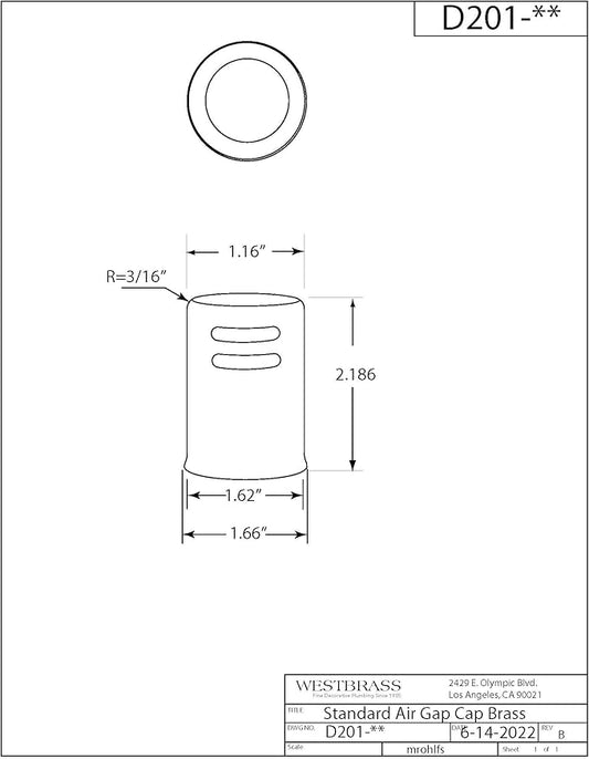 Westbrass D201-10-62 1-5/8" x 2-1/4" Solid Brass Air Gap Cap Only, Non-Skirted, Matte Black (10-Pack)