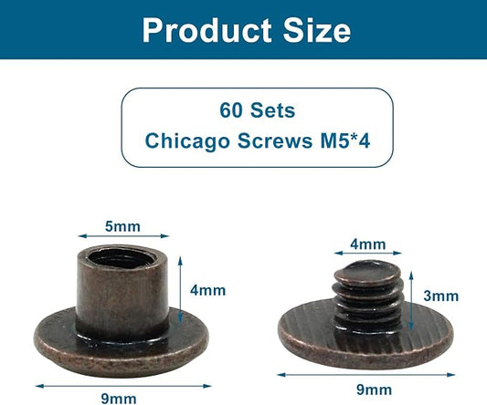 60 Sets Red Bronze Chicago Screws, M5*4mm Leather Rivets Screw Rivets Buttons DIY Leather Trim Craft Bookbinding for Decorate Repair Belt Bag Shoes Purse