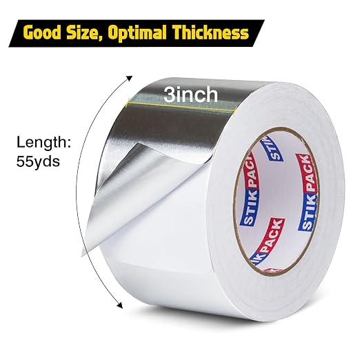 Aluminum Foil Tape 3 inch x 165ft (55 Yards) Heavy Duty HVAC Duct Tape for Ductwork – High Temperature Silver Foil Tape for Insulation, Metal Repair, Exhaust Sealing & Patching