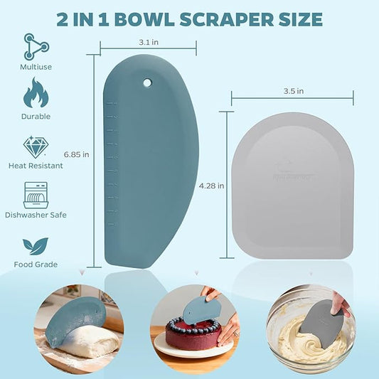 Bowl Scraper Dough Scraper Tool - Set of 2 Silicone Bench Scraper for Baking, Kitchen Pastry Scraper for Bread, Cake, Batter, cheese, Cream, Honey, Jam, Food Scraper with Curved Edge, Blue & Grey