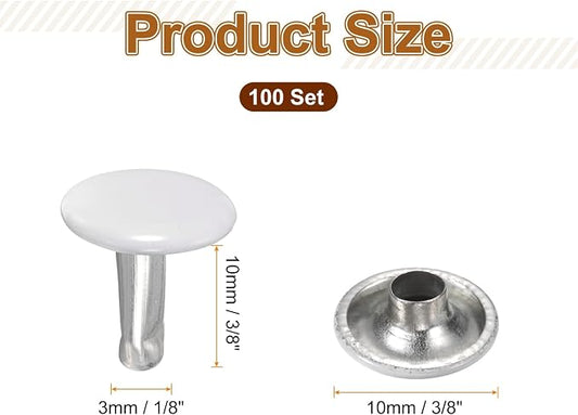 HARFINGTON 100 Sets Double Cap Leather Rivets, 10x10mm Round Cap Tubular Metal Studs Leather Crafting Rivets for Fabric Belt Pet Collar Boot Bag Repair and Decoration, White