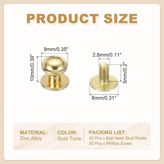 PATIKIL 9 mm Leather Rivets, 20 Sets Ball Head Stud Screw Back Round Head Button Chicago Screw Nipple Stud Rivet for Leather DIY Craft Handbag Belt Repairs, Gold Tone