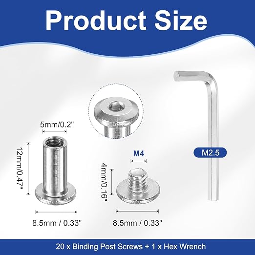 PATIKIL M4x4mm Hex Chicago Screws 5x12mm, 20Pcs 304 Stainless Steel Metric Hex Drive Socket Cap Binding Post Screw Posts for Scrapbook Leather Belt Album Furniture Repair, Silver