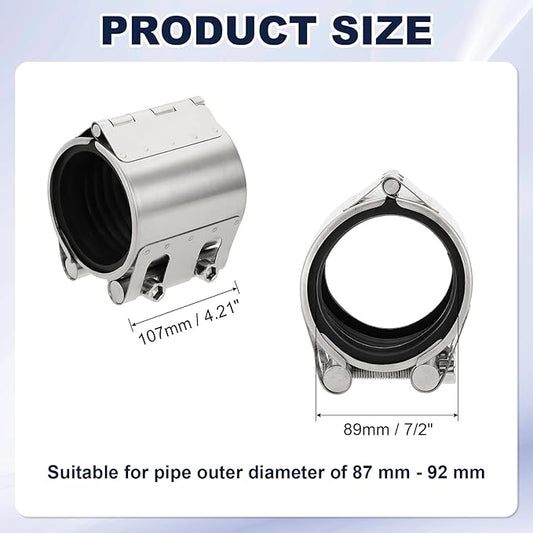 HARFINGTON Pipe Repair Clamp 3-1/2" OD 87mm-92mm 304 Stainless Steel Leak Sealer Emergency Pipe Repair for Plastic Metal Tubing Water Gas Oil Lines, Silver
