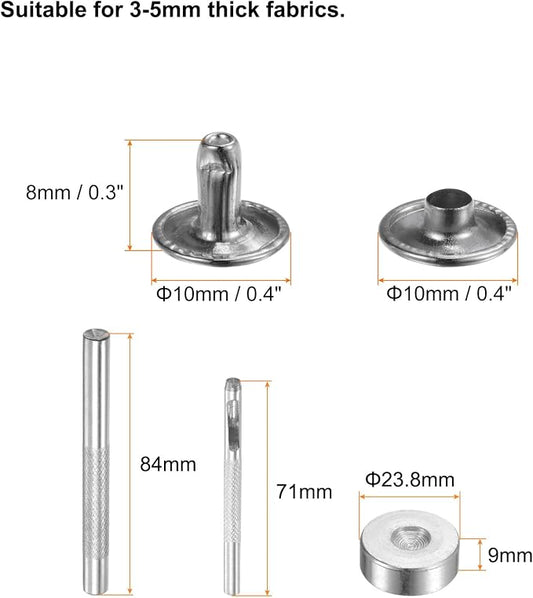 HARFINGTON 100 Sets Leather Rivets 8 x 10mm Metal Double Cap Rivet Snaps Studs Fasteners with 3pcs Setting Tools for Leather Craft DIY Repair Decoration, Silver Tone