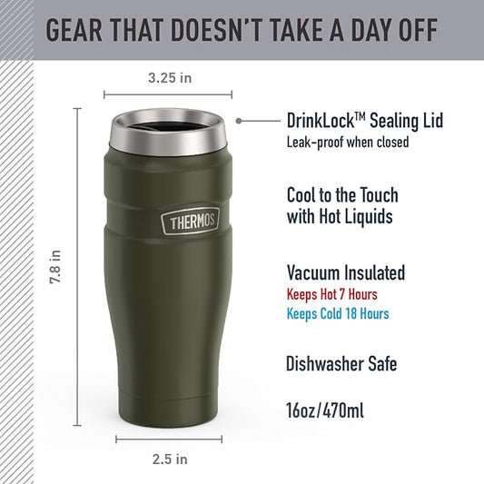 THERMOS Stainless King Vacuum-Insulated Stainless Steel Tumbler - 16oz, Army Green - Insulated Coffee Tumbler for Hot & Cold Drinks - Leak-Proof & Sweat-Proof for Commuting & Traveling