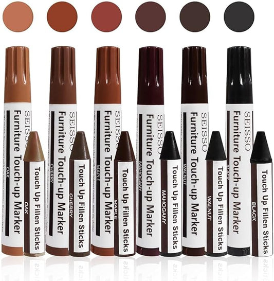 Furniture Repair kit, Wood Scratch Cover Markers*6 and Wax Filler Sticks*6 with Sharpener- 13Pack, Furniture Markers Touch Up Kit for Cover Ups Wooden Floors, Tables, Desks, Carpenters, Stains, Holes