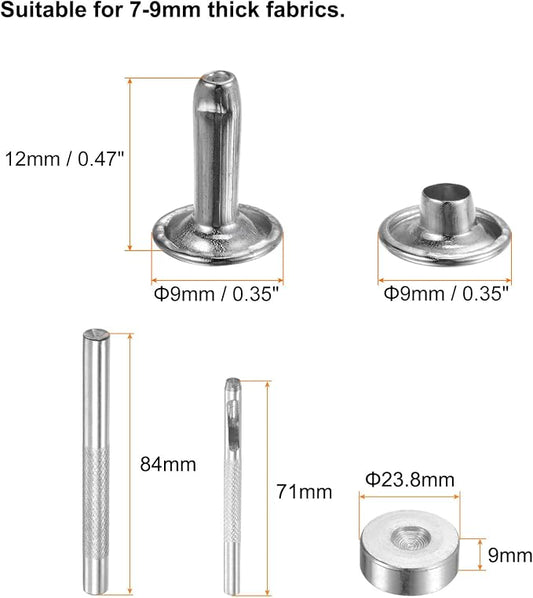 HARFINGTON 100 Sets Leather Rivets 12 x 9mm Metal Double Cap Rivet Snaps Studs Fasteners with 3pcs Setting Tools Rivets for Leather Craft DIY Repair Decoration, Silver Tone