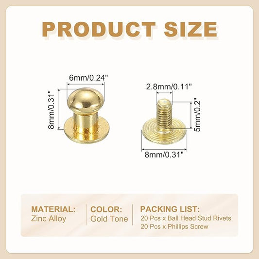 PATIKIL 6 mm Leather Rivets, 20 Sets Ball Head Stud Screw Back Round Head Button Chicago Screw Nipple Stud Rivet for Leather DIY Craft Handbag Belt Repairs, Gold Tone