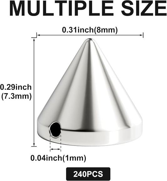 OIIKI 240PCS 8mm ABS Bullet Spike Cone Studs, Rivets Cone Spike Studs Beads, Flat Back Punk Spikes DIY Crafts Studs Glue on Decoration for Leather Clothes Belt Bag Shoes Jewelry Trims - Silver
