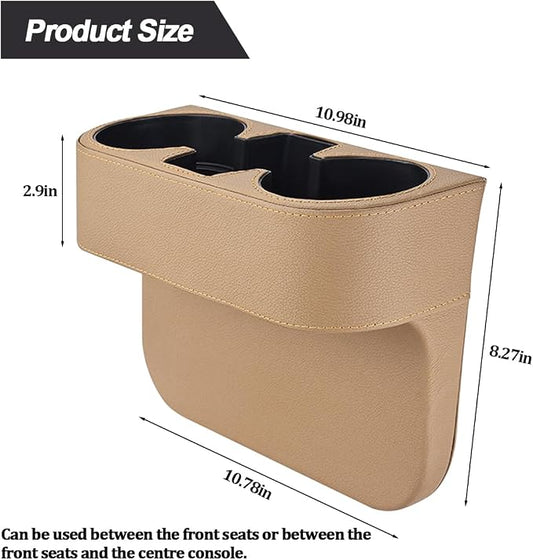 Car Gap Filler Organizer, Multifunctional Leather Console Side Crevice Blocker Storage Box with Cup Holder, Auto Seat Gap Stopper Organizer for Keys, Phones, Glasses, Universal Fit (Beige)