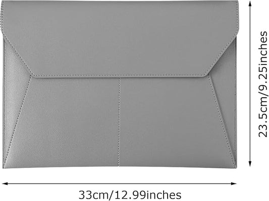PU Leather A4 File Folder Document Holder with 3 Pockets Waterproof Stylish Envelope Folder Case with Snap Closure (Gray)