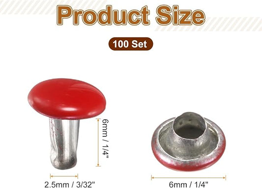 HARFINGTON 100 Sets Double Cap Leather Rivets, 6x6mm Round Cap Tubular Metal Studs Leather Crafting Rivets for Fabric Belt Pet Collar Boot Bag Repair and Decoration, Red