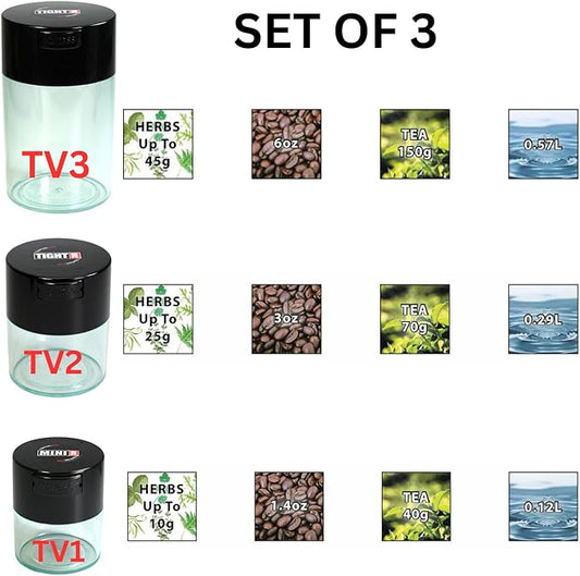 Tightvac Set of 3 - Patented Airtight Container | Multi-use Vacuum Container Works as Smell Proof Containers for Herbs and Dry Goods. Black Caps and Clear Bodies