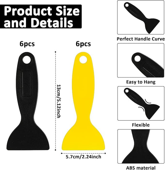 TIESOME 12 Pcs Plastic Spatula Scraper, Plastic Spatula Paint Scrapers, Air Bubble Remover Sticker Installation Tool, Flexible Resin Scraper Paint Scrapers for Decal, Grout Removal (Black, Yellow)
