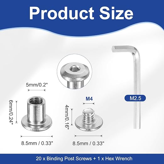 PATIKIL M4x4mm Hex Chicago Screws 5x6mm, 20Pcs 304 Stainless Steel Metric Hex Drive Socket Cap Binding Post Screw Posts for Scrapbook Leather Belt Album Furniture Repair, Silver