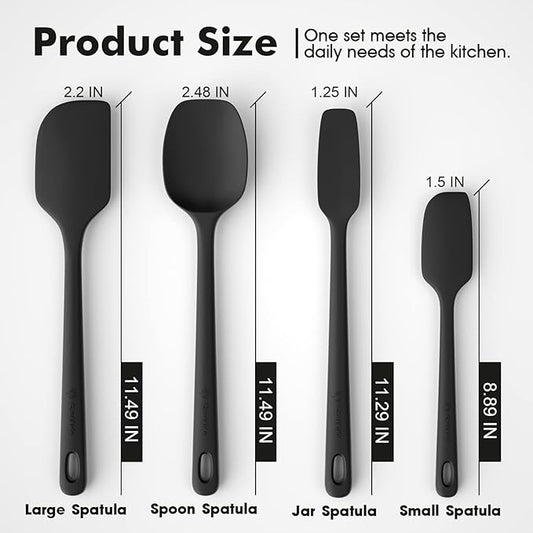 ChefAide 4 Pieces Silicone Spatula Set, Food Grade Rubber Spatula, Upgrade Strong Handle with Ergonomic Grip, Heat Resistant Up to 600°F for Nonstick Cookware, Cooking Baking Mixing, Black (SP4)
