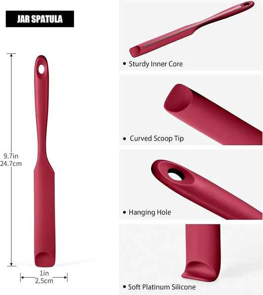 Doosu Silicone Jar Scraper Spatula, 600°F Heat Resistant Rubber Scraping Tool for Jam Nut Butter Sourdough, Flexible Skinny Cream Spreader Long Slim Kitchen Spurtle for Jar Blender Bottle (Red)