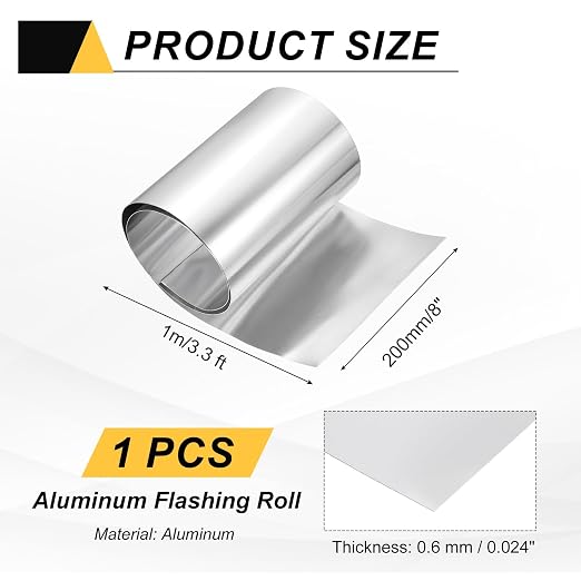 uxcell Aluminum Flashing Roll, 8in x 3.3ft Metal Roof Panels 0.6mm Waterproof Aluminum Sheet Roll for House Repair, Roof Flashing, Sealing Windows Doors, DIY Projects